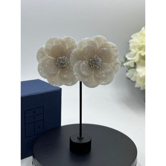 Lele Sadoughi Zinnia White Iridescent Mother of Pearl Large Petal Floral Earring - Picture 3 of 9